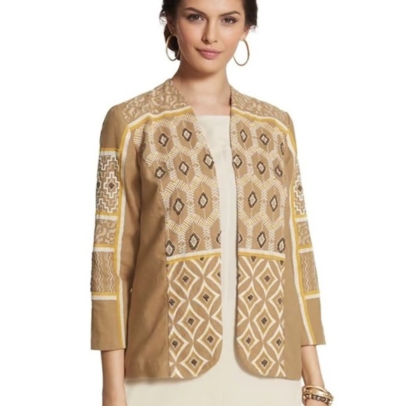 Chico's Jackets & Blazers - Chico’s Linen Aztec Embroidered Beaded Blazer Jacket 3/4 Sleeve Lagenlook XL